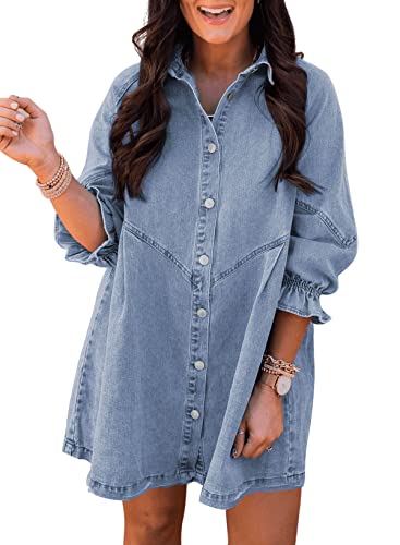Womens Smocked 3 4 Sleeve Button Down Denim Jeans Dresses