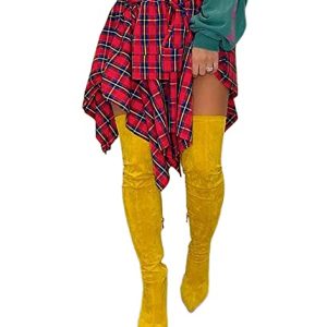 Women's Plaid Skirts High Waisted Knot Front Asymmetrical Hem Mini Skater Skirt
