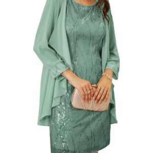 Women's Sequin Dress - Wedding Guest & Mother of The Bride Formal Dress - Two Piece Knee Length