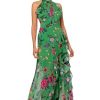 Women's Sleeveless Halter Neck Long Chiffon Floral Ruffle Dress