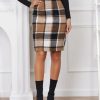 Midi Plaid Skirts for Women Fall Winter Knee Length Pencil Wool Skirt with Slit