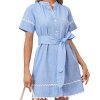 Women's Short Sleeve Summer Shirt Dress Button Down Belted Tunic Mini Dresses RIC Rac Trim Sundress with Pockets