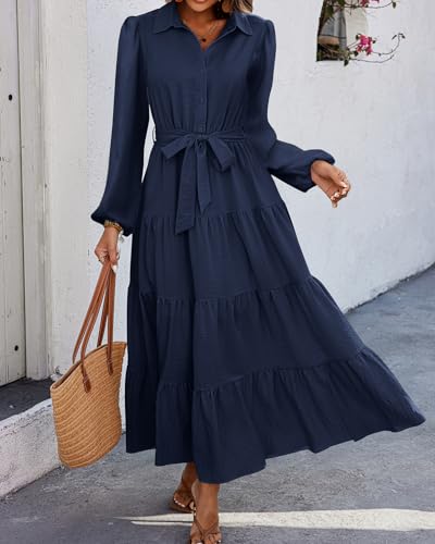 Women's Long Sleeve Dress 2025 Button Down Belted A-Line Flowy Fall Outfits Ruffle Maxi Holiday Party Dresses