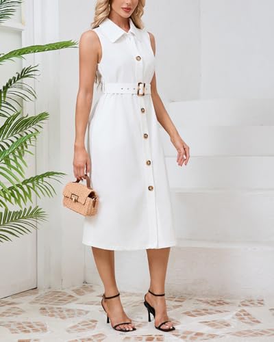 Women's Button Down Shirt Dress Sleeveless Collared A-line Maxi Dress with Belt