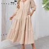 Women Flowy Maxi Shirt Dress Casual Button Down V Neck Ruffled Beach Long Dresses with Pockets