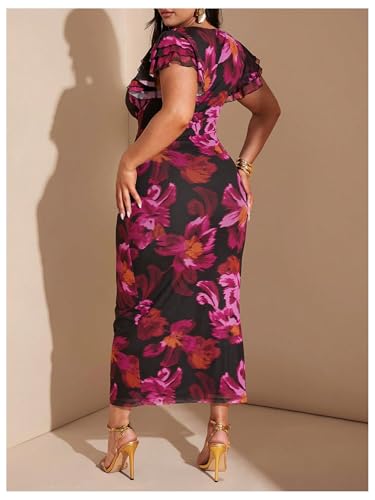 Women's Plus Size Floral Maxi Dress V Neck Ruffle Short Sleeve Bodycon Vacation Mesh Dresses