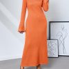 Womens Bell Long Sleeve Maxi Dress Casual Crewneck Knit Slim Fit Flowy Sweater Dresses