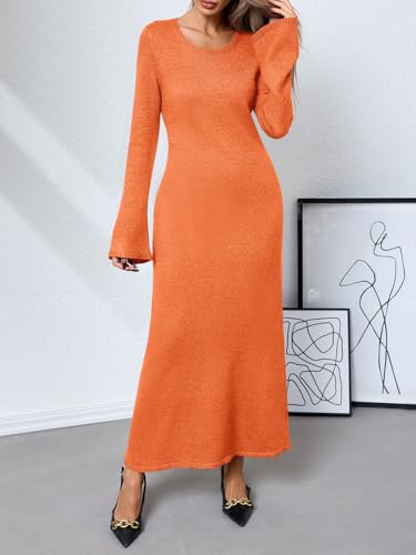 Womens Bell Long Sleeve Maxi Dress Casual Crewneck Knit Slim Fit Flowy Sweater Dresses