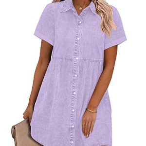 Denim Dress for Women Babydoll Tiered Short Sleeve Button Down Jean Shirt Dresses