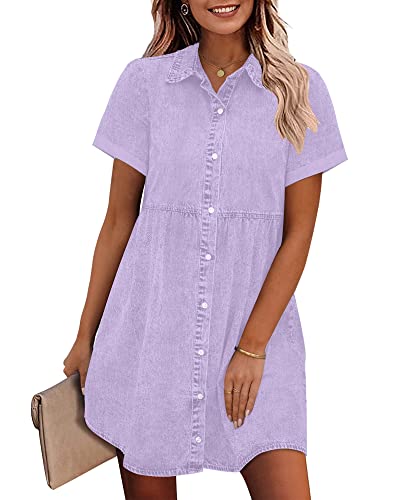 Denim Dress for Women Babydoll Tiered Short Sleeve Button Down Jean Shirt Dresses