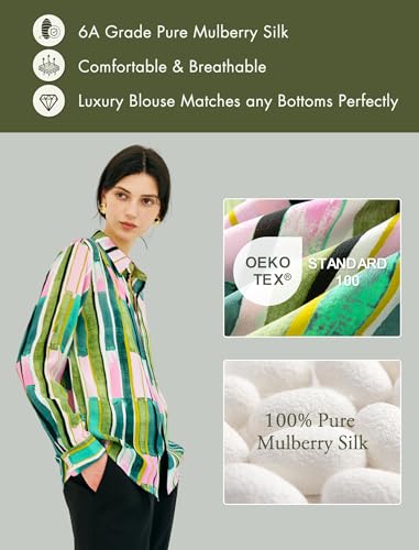 Women's 100% Pure Silk Blouse Long Sleeve Button Down Shirt Spring Summer Elegant Floral Striped Tops Women Smooth Blouses