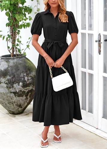 Womens Summer Dresses 2025 Short Sleeve Maxi Dress Casual V Neck Button Down Tiered A Line Flowy Midi Shirt Dress