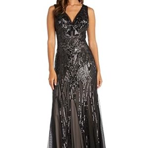 Long Beaded Dress W/Contrast Lining, V-Neckline & Godet Skirt