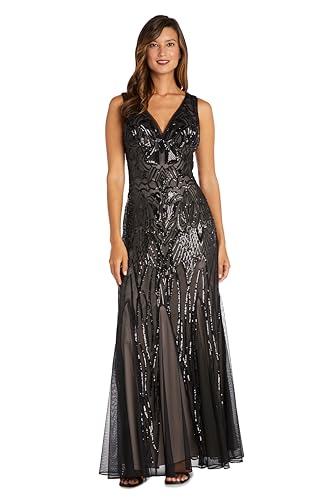 Long Beaded Dress W/Contrast Lining, V-Neckline & Godet Skirt