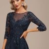 Lace Appliques Mother of The Bride Dresses Long with 3/4 Sleeve Beaded Scoop Neck Formal Gowns