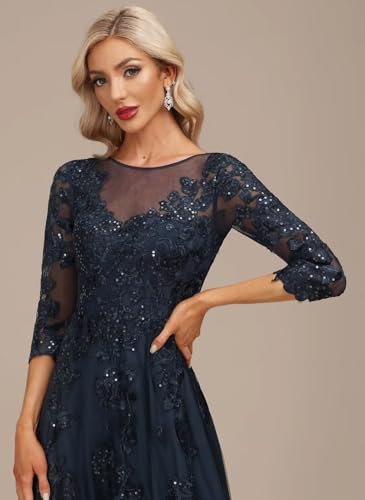 Lace Appliques Mother of The Bride Dresses Long with 3/4 Sleeve Beaded Scoop Neck Formal Gowns