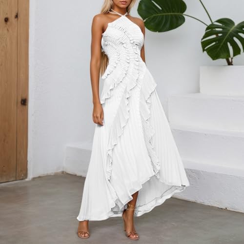 Chiffon Tiered Dresses for Women Formal Halter Sleeveless Flowy Maxi Dress Summer Sexy Irregular Hem Solid Sundresses