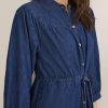 Women's Tiered Denim Shirt Dress 3/4 Sleeve Button Down Midi Jean Dresses Flowy Belted Denim Dress with Pockets