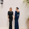 Women's Long Stretchy 3/4 Sleeve Cowl Neck Drape Back Gown