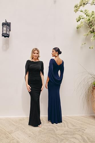 Women's Long Stretchy 3/4 Sleeve Cowl Neck Drape Back Gown