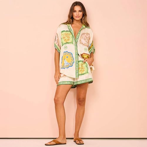 Women's Summer Casual 2 Piece Outfit,Printed Short Sleeve Shirt & Shorts Lounge Set with Elastic Waist and Pocket