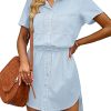 Women Casual Denim Dress Short Sleeve Tie Waist Classic Jean Shirt Dress