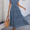 Women's Summer Casual Dresses 2025 Cap Ruffle Sleeve V Neck Button Belted Tiered Boho Maxi Dress with Pockets