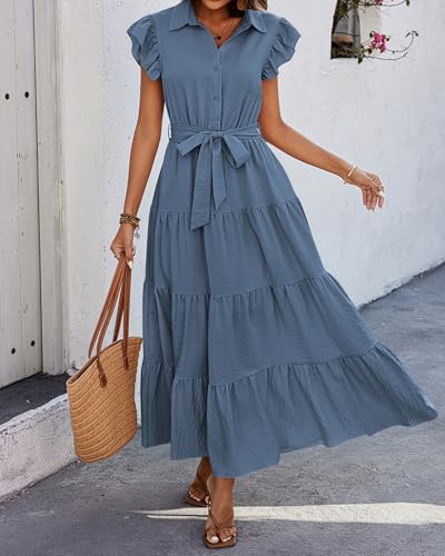 Women's Summer Casual Dresses 2025 Cap Ruffle Sleeve V Neck Button Belted Tiered Boho Maxi Dress with Pockets