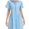 Women's Short Puff Sleeve Shirt Dress Button Down Pleated Mini Dress Summer Casual Short Dresses
