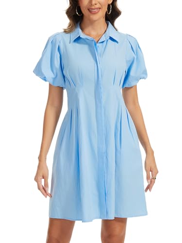 Women's Short Puff Sleeve Shirt Dress Button Down Pleated Mini Dress Summer Casual Short Dresses