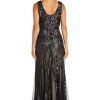 Long Beaded Dress W/Contrast Lining, V-Neckline & Godet Skirt