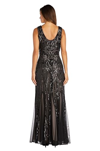 Long Beaded Dress W/Contrast Lining, V-Neckline & Godet Skirt