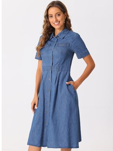 Denim Dress for Women's Collared Short Sleeve A-Line Button Up Jean Midi Dresses