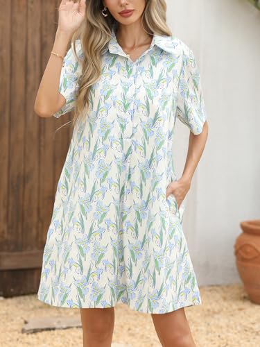 Summer Floral Dress Women's Printed Casual Sundress Short Sleeve Button Up Shirt Dresses with Pockets