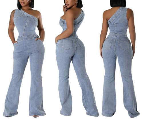 Women Trendy Asymmetric One Piece Bodycon Denim Romper Sexy Slim Jean Jumpsuit Oversize Fascinating Stretch Pants