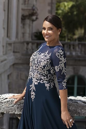 Women's Long 3/4 Sleeve Embroidered Chiffon Gown