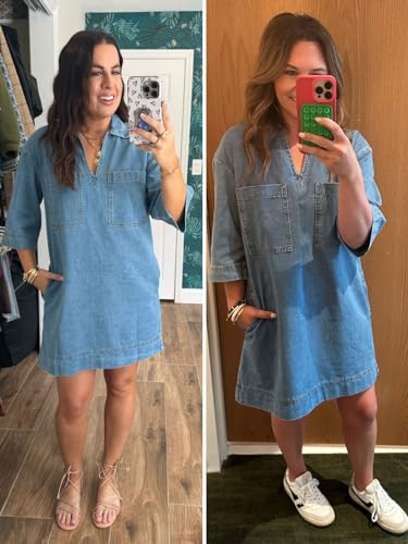 Womens Denim Shirt Dress Summer Collared V Neck Mini Casual Jean Dresses with Pockets
