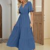 Women's Summer Boho Maxi Dresses Casual V Neck Short Sleeve A-line Empire Waist Long Flowy Beach Dress