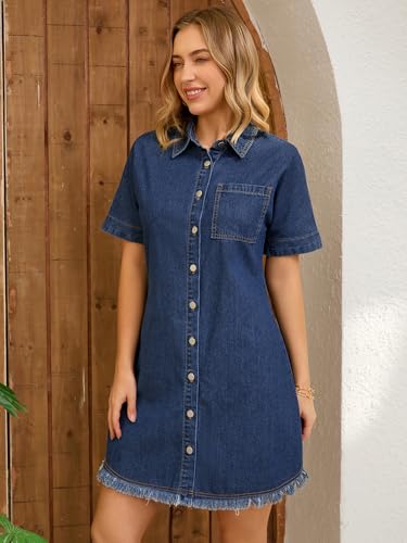 Womens Short Sleeve Denim Dress 2025 Collared Button Front Jean Dresses