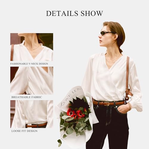 Silk Blouses for Women Long Sleeve Elegant Button Down Shirts Ruched V-Neck Fashion Blouse Ladies Summer Classic Flowy Tops
