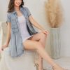 Womens Denim Dress Babydoll Short Sleeve Distressed Loose Button Down Casual Jean Shirt Dress