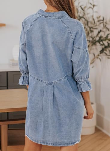 Womens Smocked 3 4 Sleeve Button Down Denim Jeans Dresses