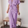 Women Elegant Satin Button Down Short Sleeve Maxi Shirt Dress with Belt