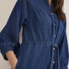Women's Tiered Denim Shirt Dress 3/4 Sleeve Button Down Midi Jean Dresses Flowy Belted Denim Dress with Pockets