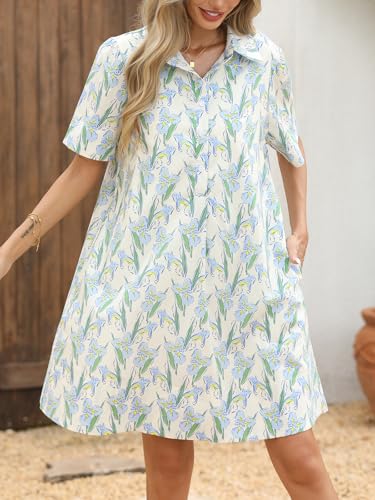 Summer Floral Dress Women's Printed Casual Sundress Short Sleeve Button Up Shirt Dresses with Pockets
