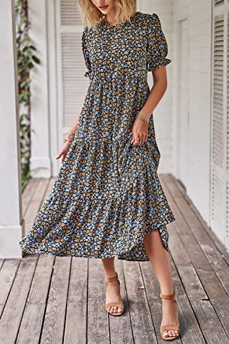 Summer Dresses for Women 2025 Casual Floral Boho Midi Sun Dress Puff Short Sleeve Flowy Beach Vacation Sundress