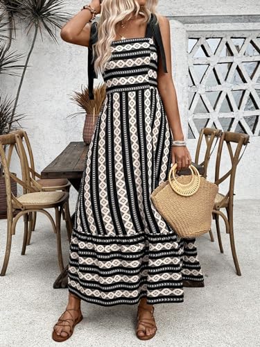 Women's Floral Print Tie Strap Square Neck Ruffle Boho Maxi Dress