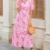 Women's Summer Floral Midi Dress Casual Ruffle Neck Puff Sleeve Button Down Shirt Dresses??No Stretch