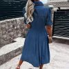 Women Denim Shirt Dress V Neck Short Sleeve Long Bottom Down A-Line Jeans Dresses with Pockets