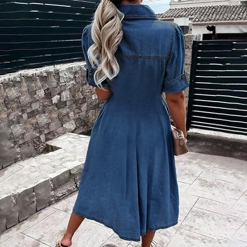 Women Denim Shirt Dress V Neck Short Sleeve Long Bottom Down A-Line Jeans Dresses with Pockets